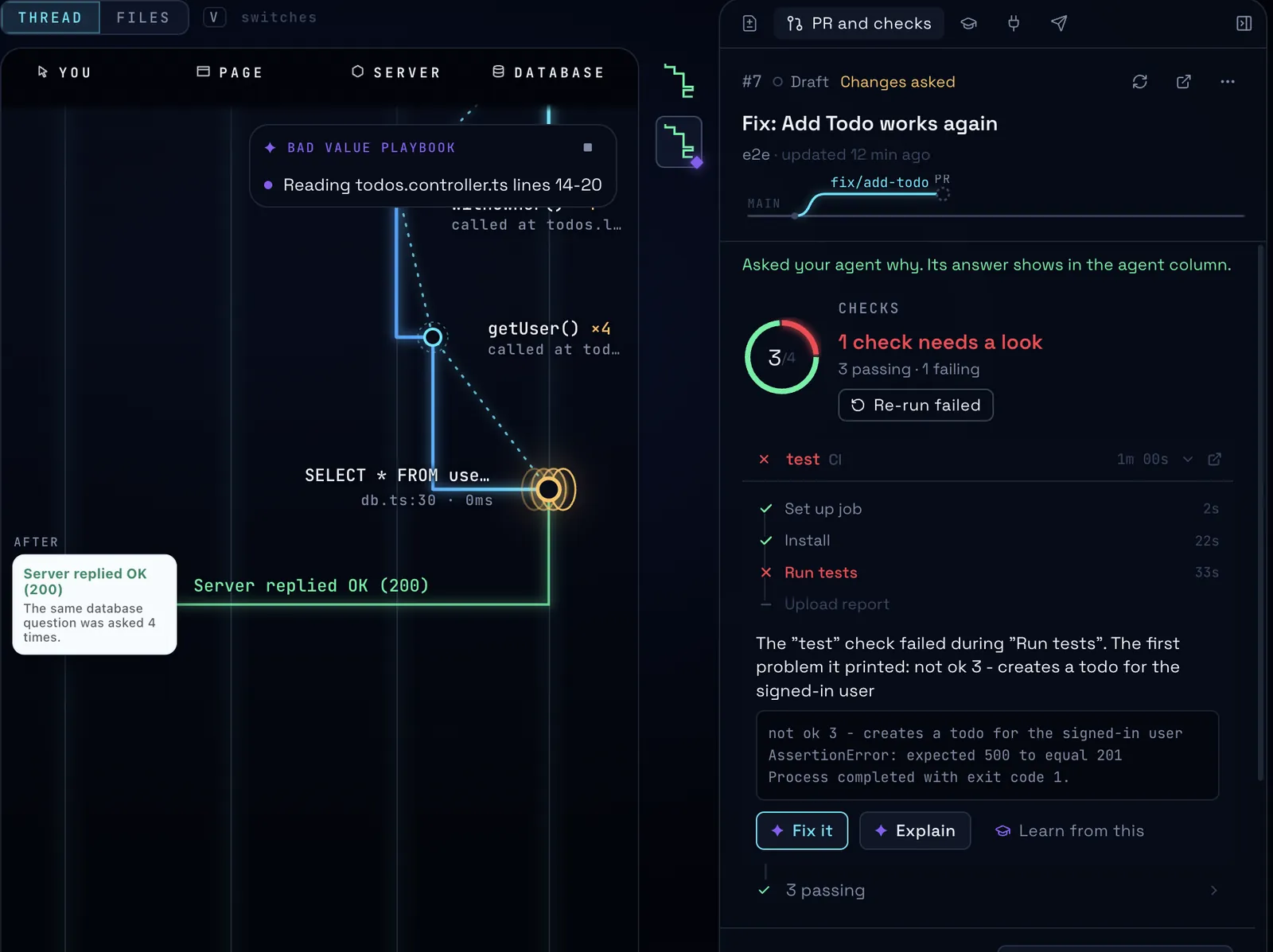 Pull request panel: one failing check explained in plain words with Fix it, Explain and Learn from this buttons, and the review conversation below