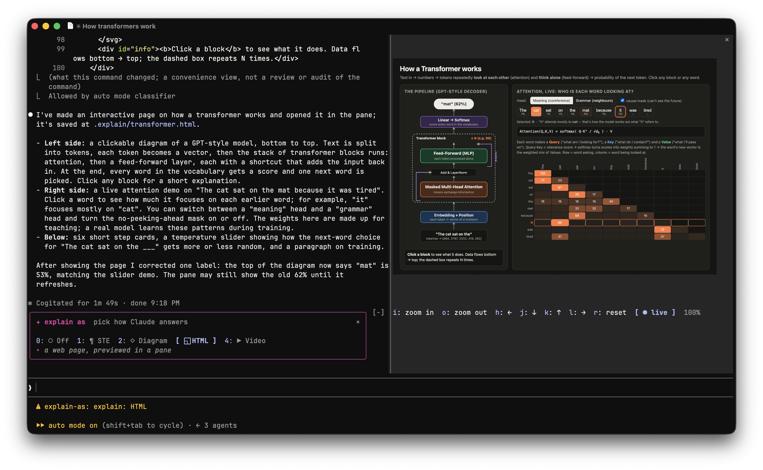 "How a transformer works" in HTML mode: Claude's summary on the left, the interactive page previewed in the pane on the right