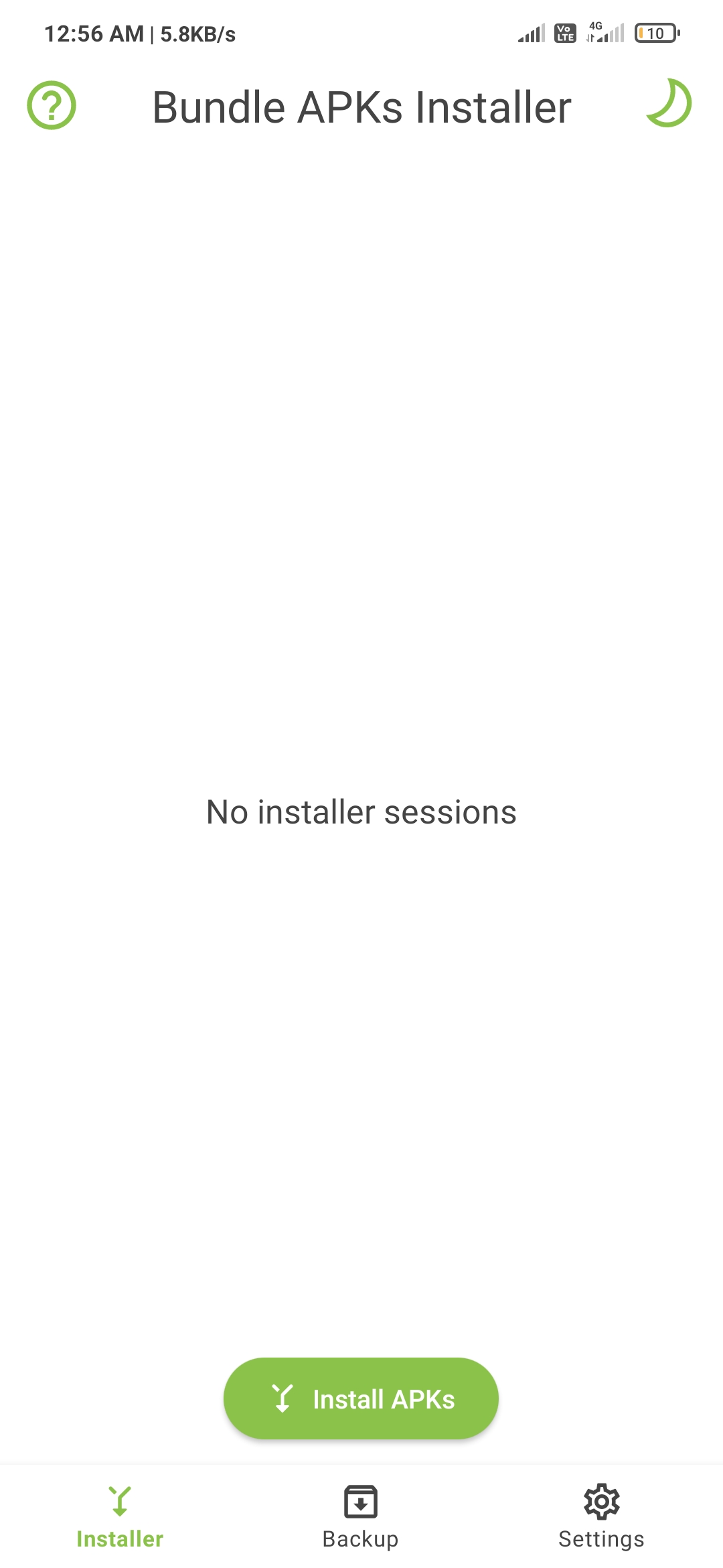 Installer tab with no active sessions and an Install APKs button