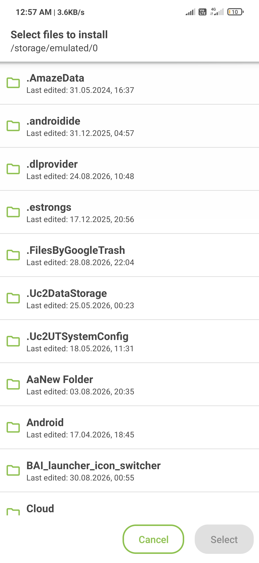 Internal file picker browsing storage to select APK files