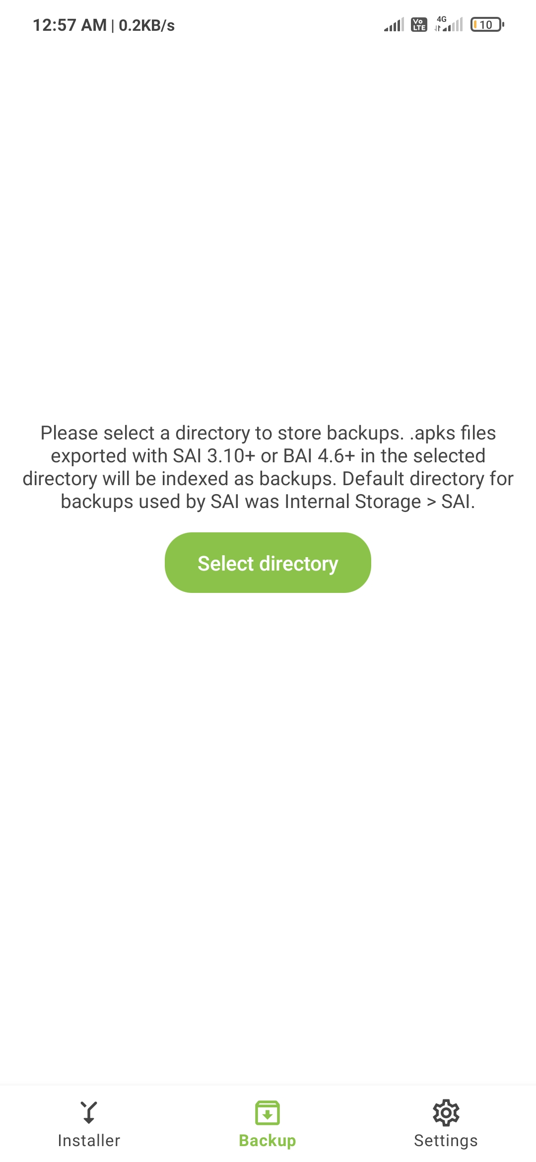Backup tab prompting to select a directory for backups