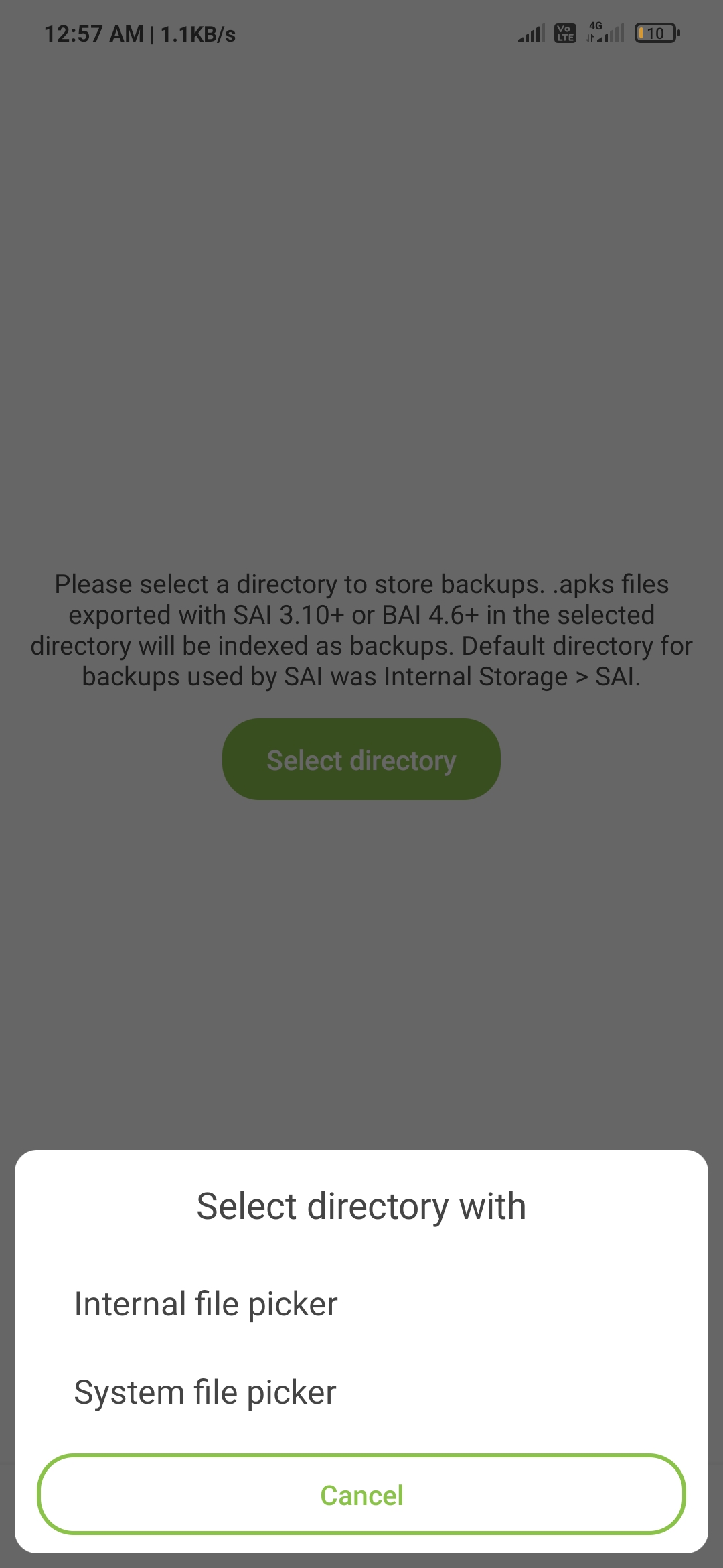 Backup directory picker dialog: internal vs system file picker
