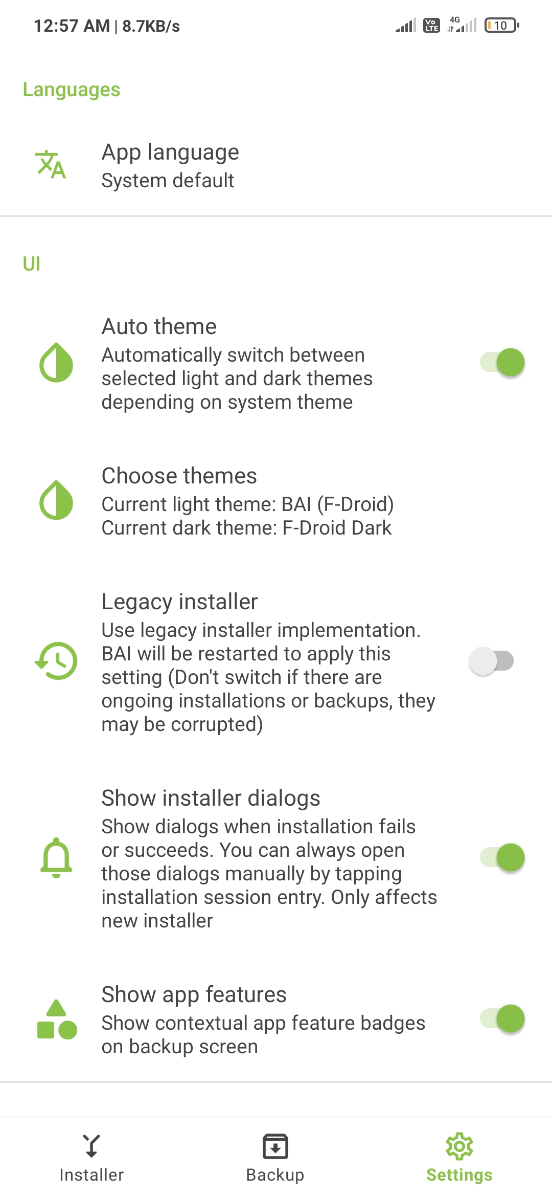 Settings: Languages and UI section with auto theme enabled