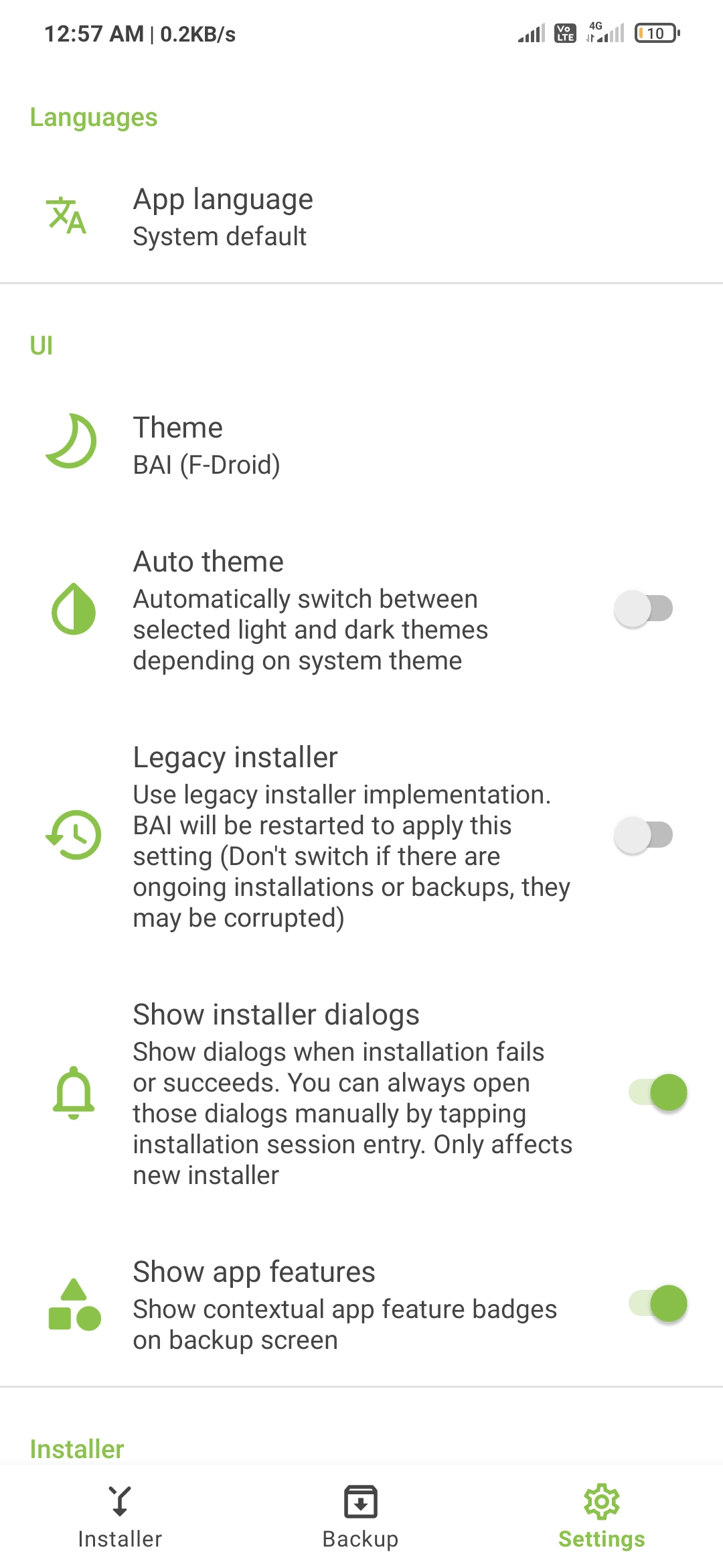 Settings: UI section with BAI (F-Droid) theme and app features enabled
