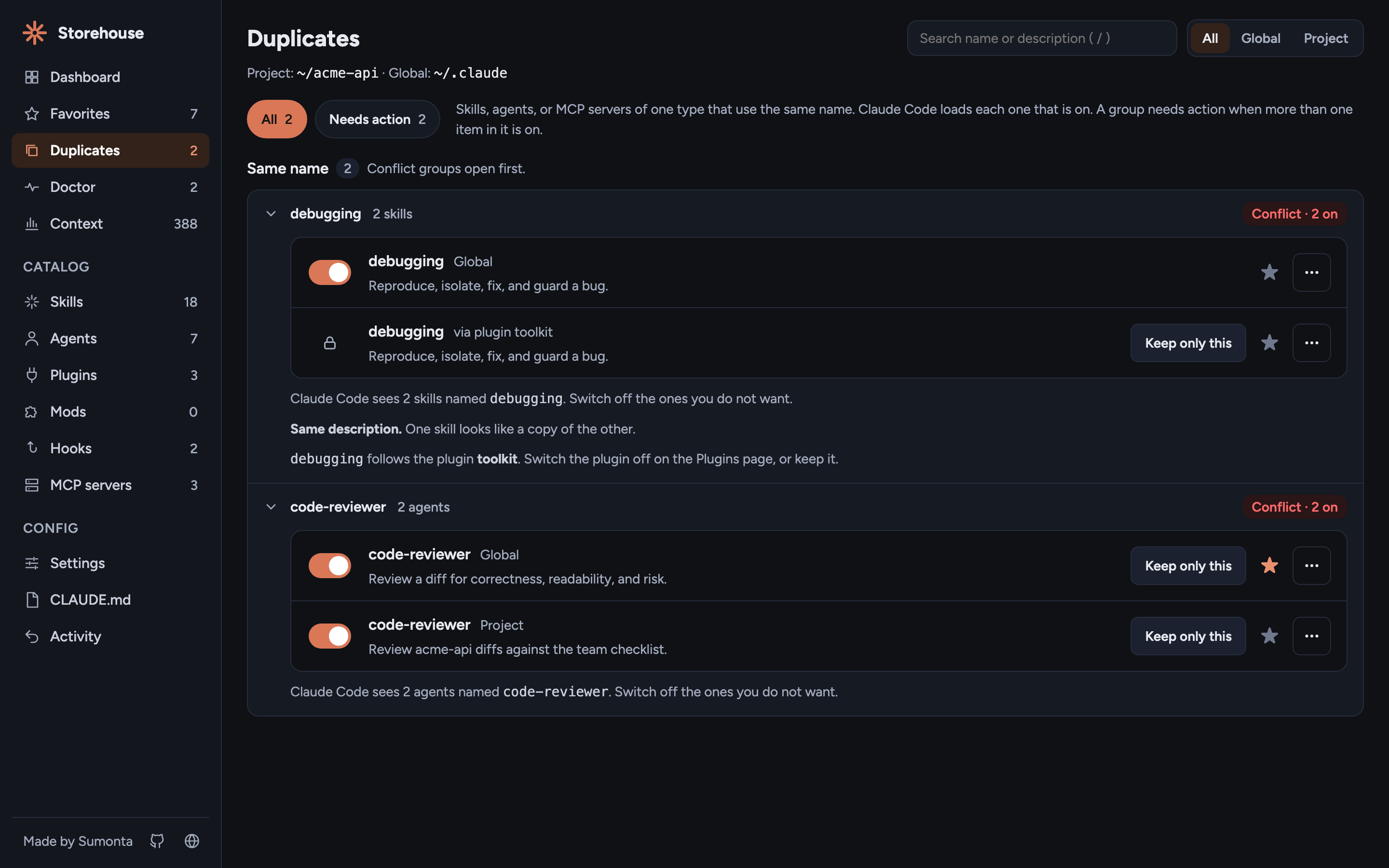 Duplicates page with two same-name groups marked Conflict and a Keep only this button on each item