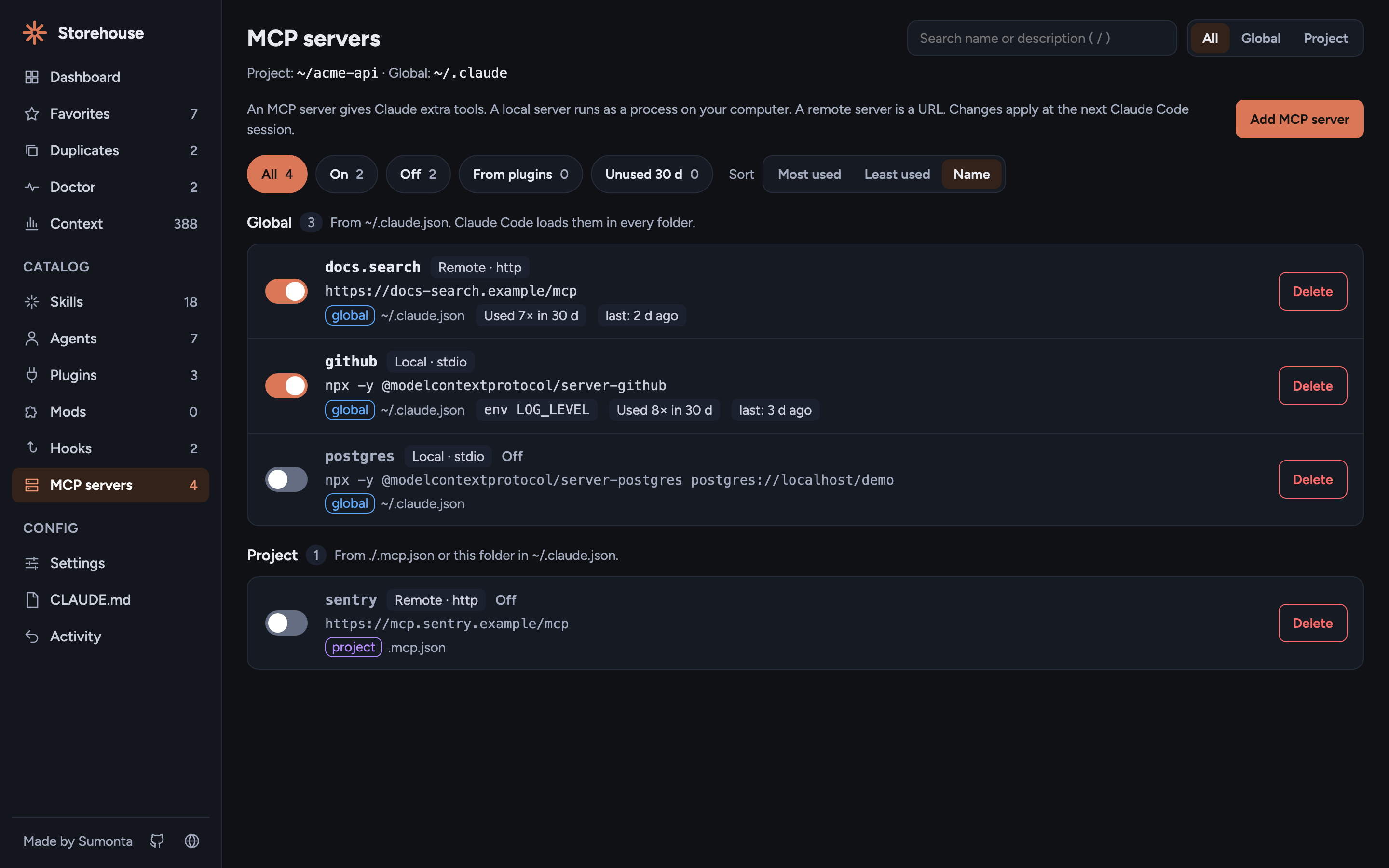 MCP servers page with transport, command, source, and 30-day use for each server