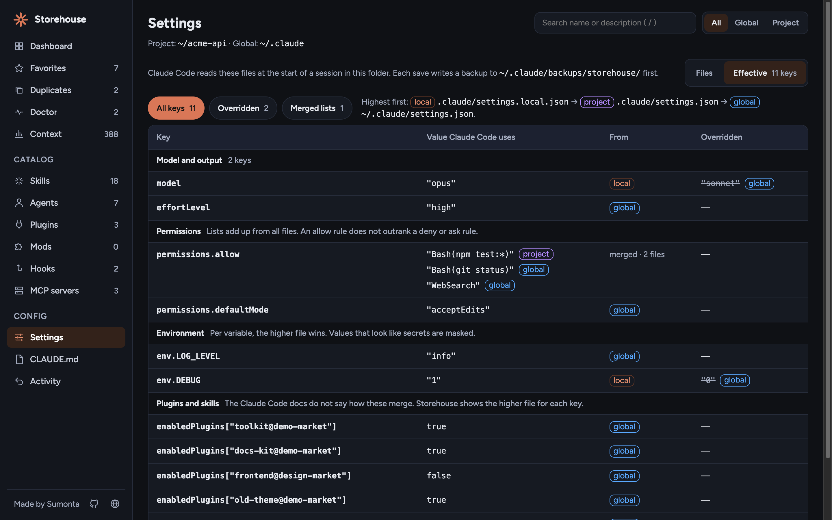 Settings page, Effective view: a table of keys with the value Claude Code uses, the file it comes from, and crossed-out values from lower files