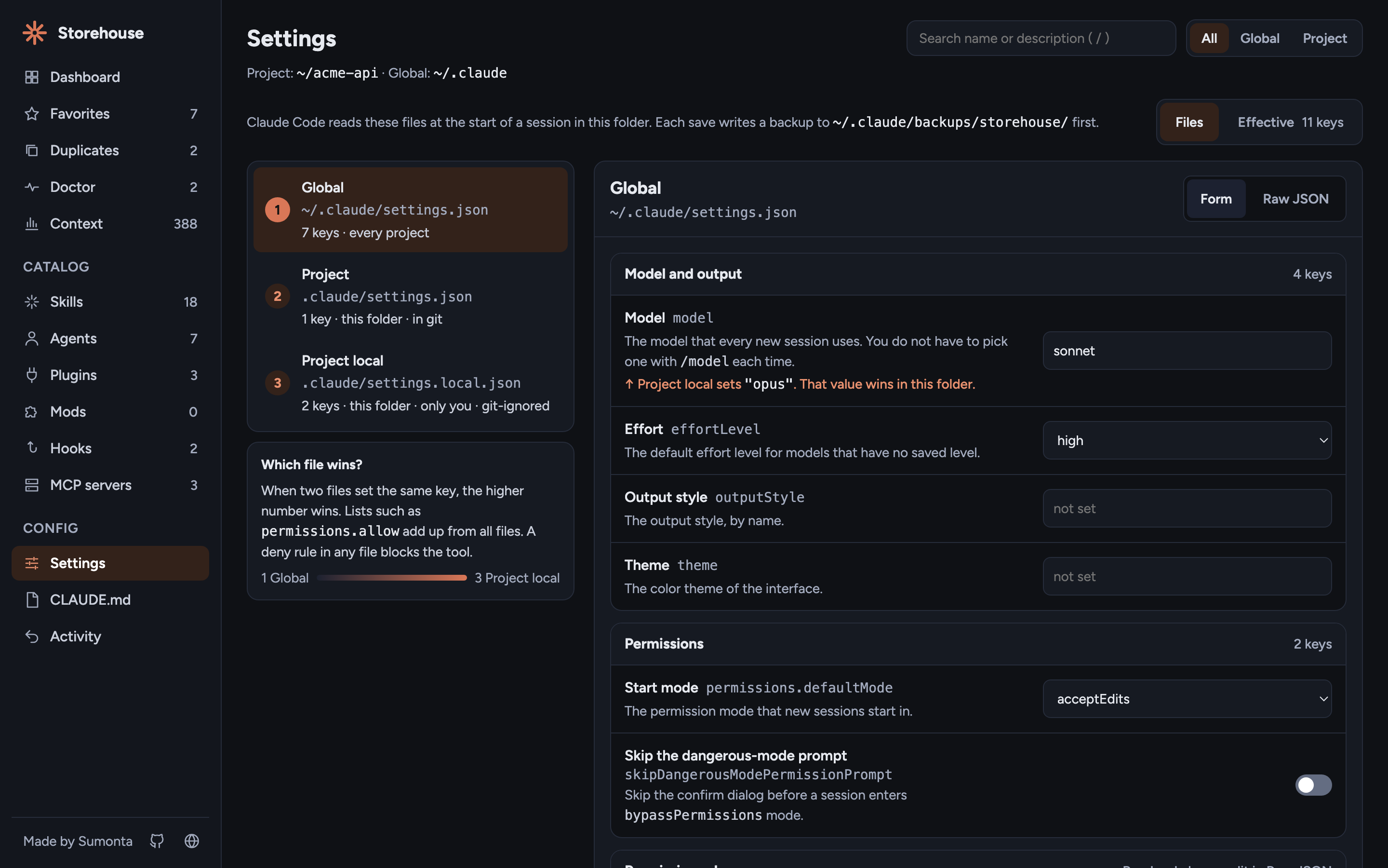Settings page, Files view: a numbered list of the three settings files and a form with model, effort, and permission fields