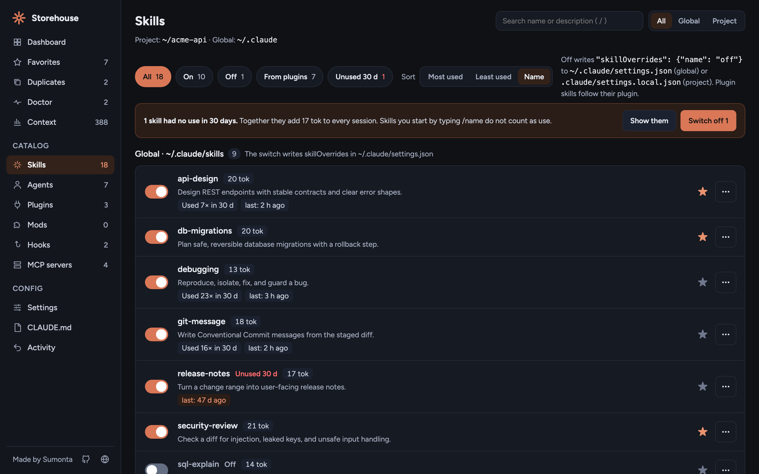 Skills page with on/off switches, 30-day use chips, an Unused 30 d filter, a sort by use, and a banner to switch off unused skills
