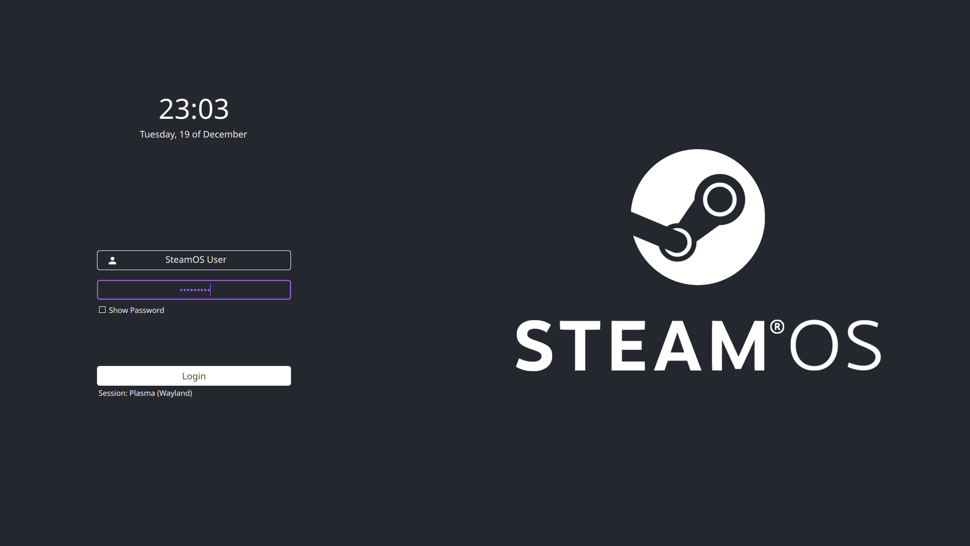 Screenshot of the interface of the SteamOS Sugar theme for SDDM