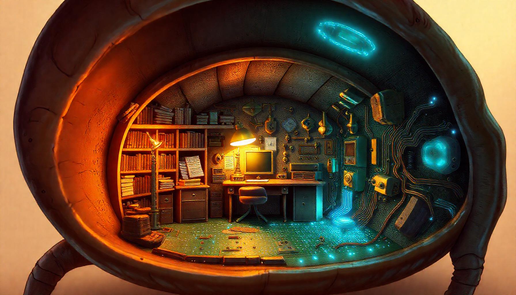 Inside the shell — rooms of a hermit crab agent