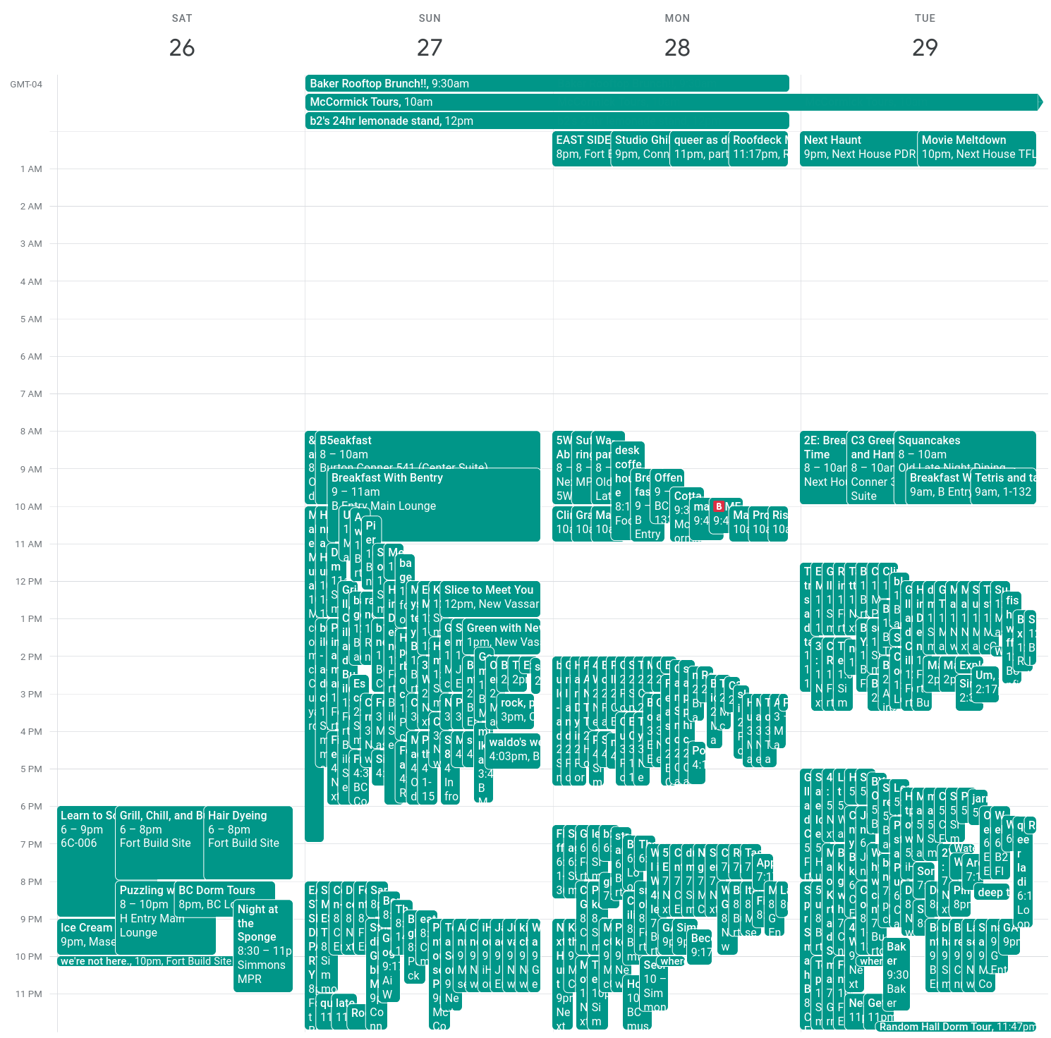 Four-day calendar from August 26th through 29th filled with dozens of events in small, overlapping cyan rectangles