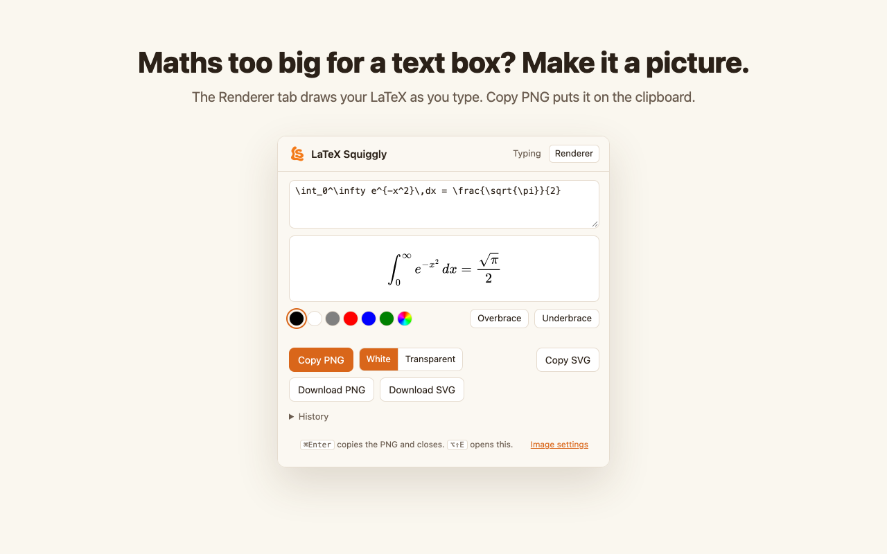 The renderer drawing the Gaussian integral, with a Copy PNG button