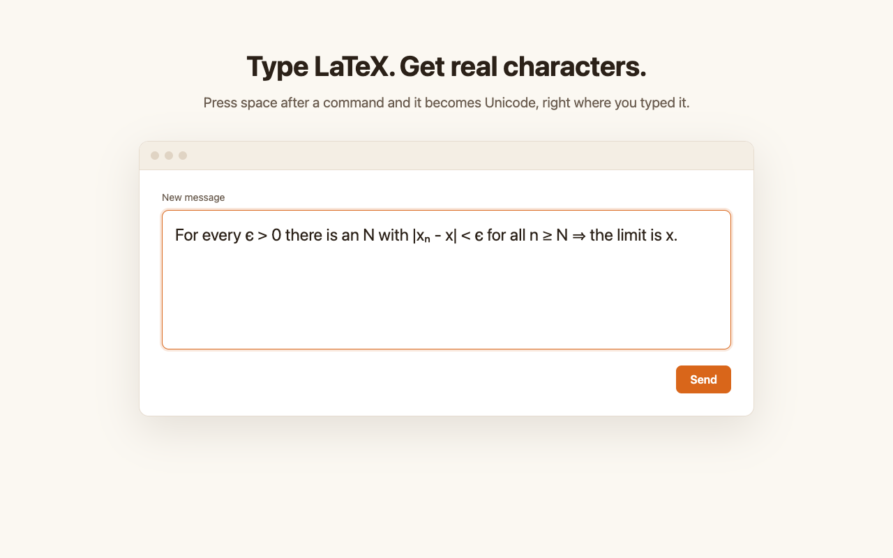 Typing LaTeX in a message box on a web page, converted to real characters as you type