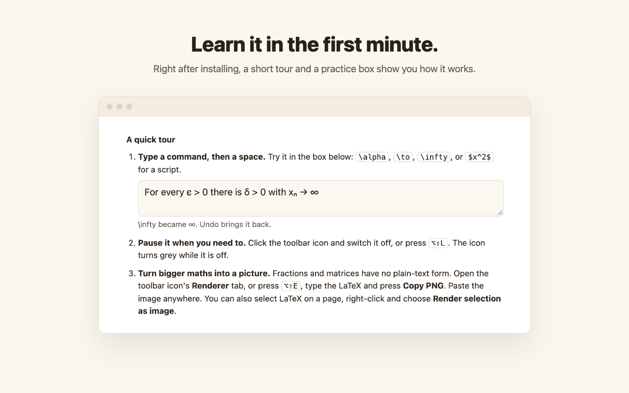 The Chrome extension's welcome tour, with a practice box