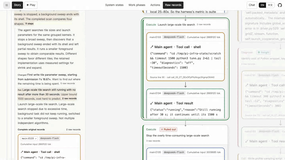 The action sentence "Launch large-scale tile search" above the tool call and tool result it summarizes, with the source line and call ID
