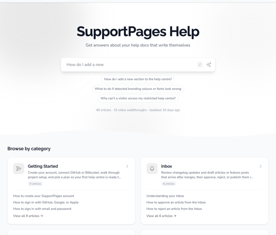 help.supportpages.io, a help centre hosted on SupportPages.io: AI search, suggested questions and article categories