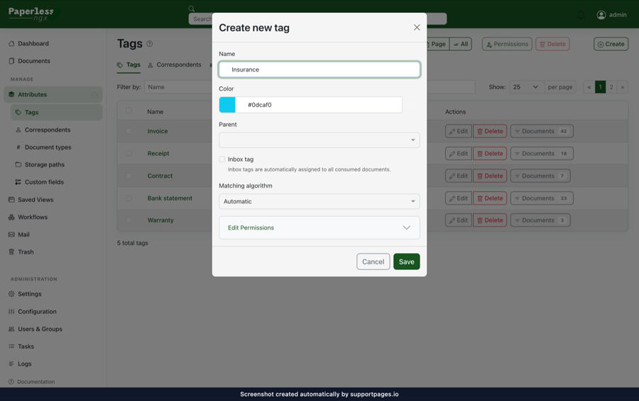 Paperless-ngx Create new tag dialog, from How to create a tag and apply it to a document