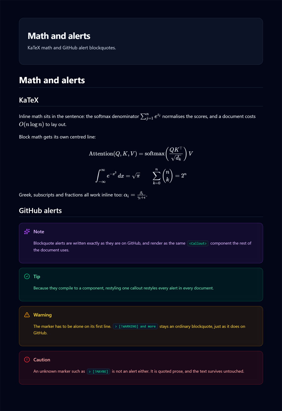Inline and block KaTeX math beside the four GitHub alert callouts