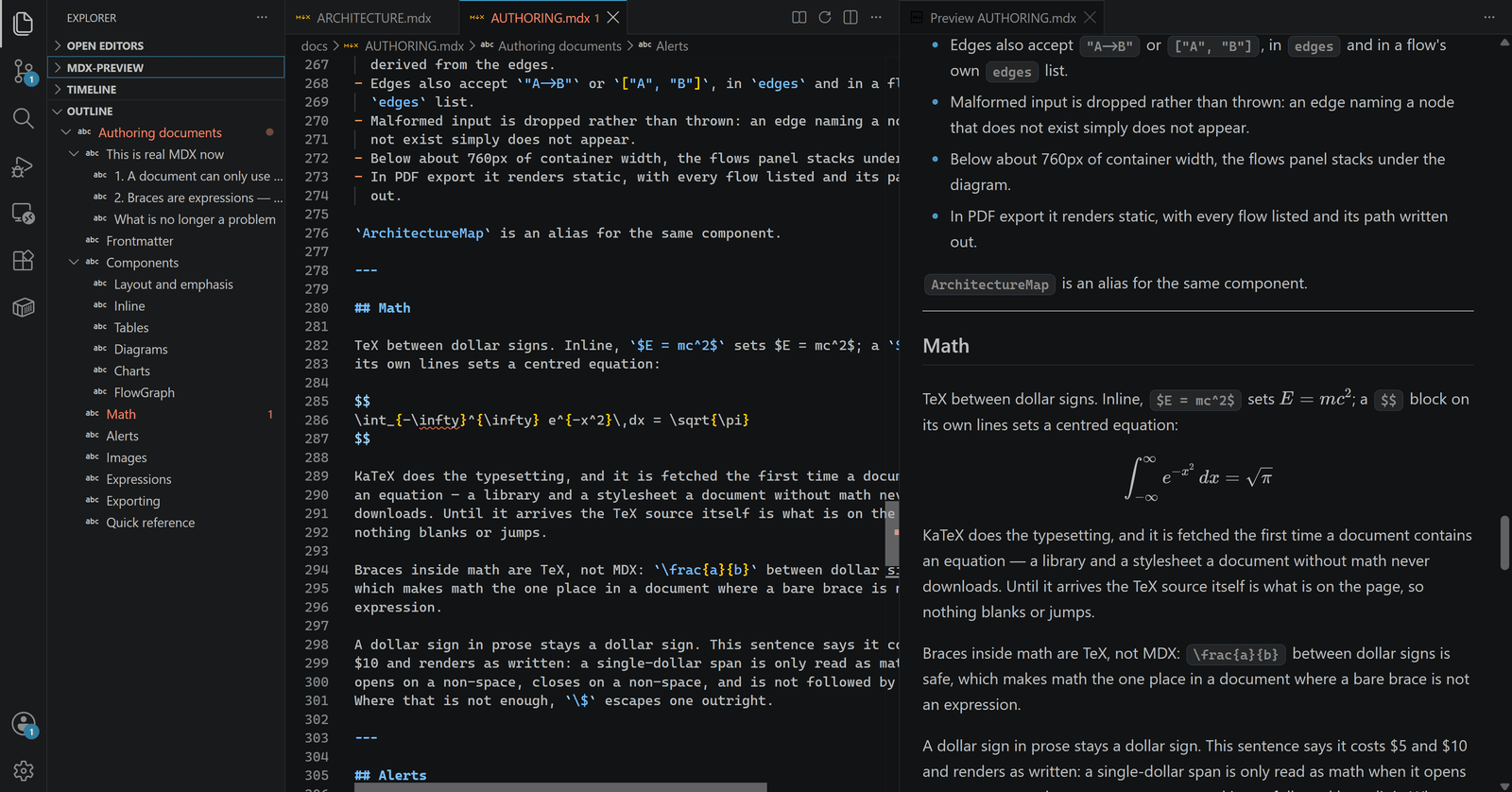 The outline view populated with a document's nested headings, with math typeset in the preview
