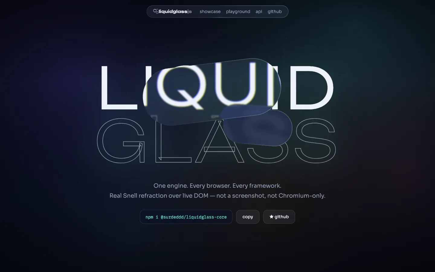 LiquidGlassJS — real refraction over live DOM