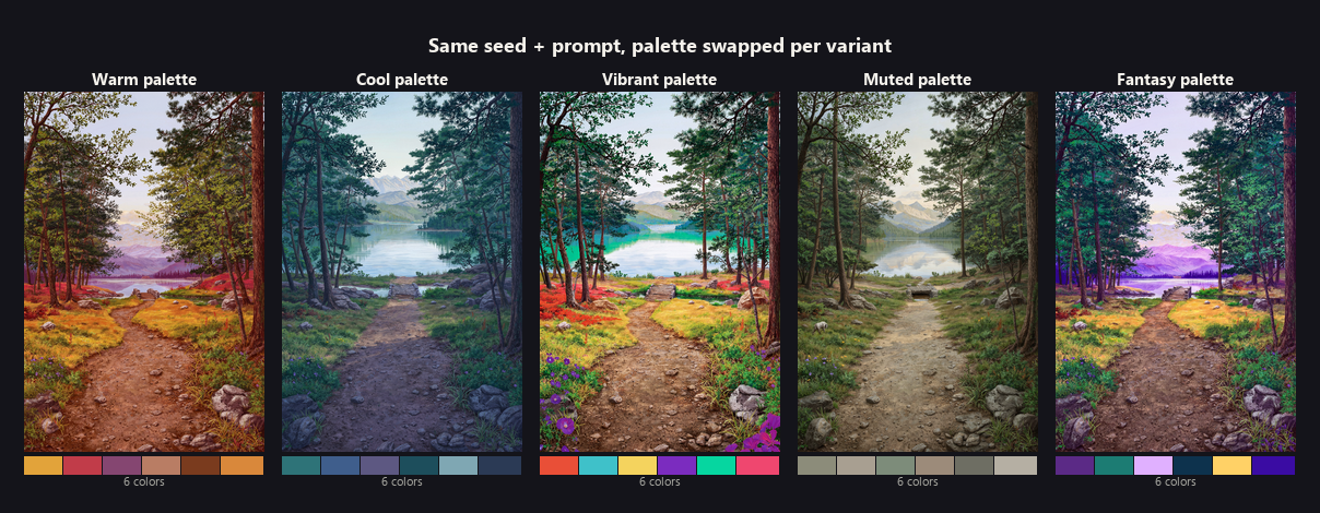 Colorway study: same seed and prompt, palette swapped per variant — warm, cool, vibrant, muted, and fantasy palettes applied to an identical forest path scene