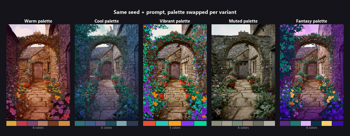 Garden courtyard palette study: same seed and prompt, palette swapped per variant — warm, cool, vibrant, muted, and fantasy palettes applied to an identical courtyard scene
