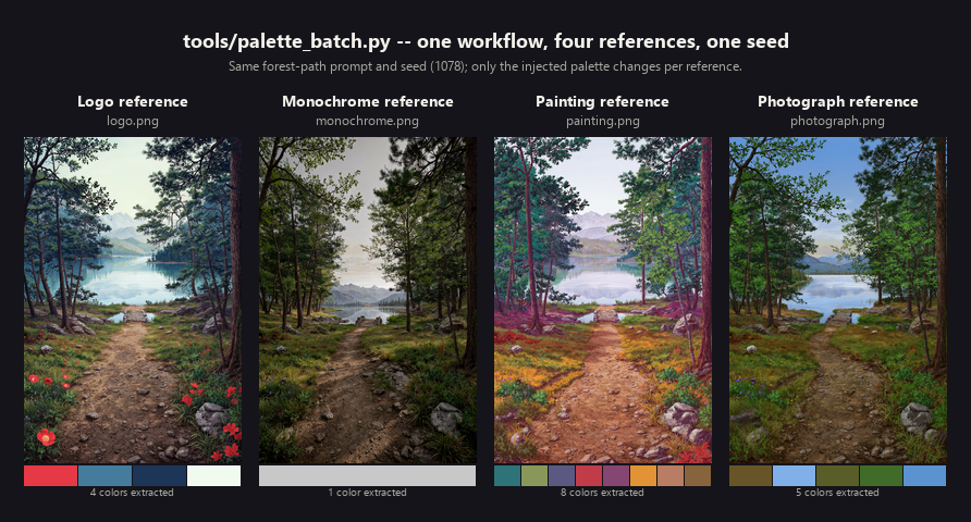 tools/palette_batch.py example: one forest-path workflow run four times, once per reference image, each producing a different extracted palette and a differently recolored output