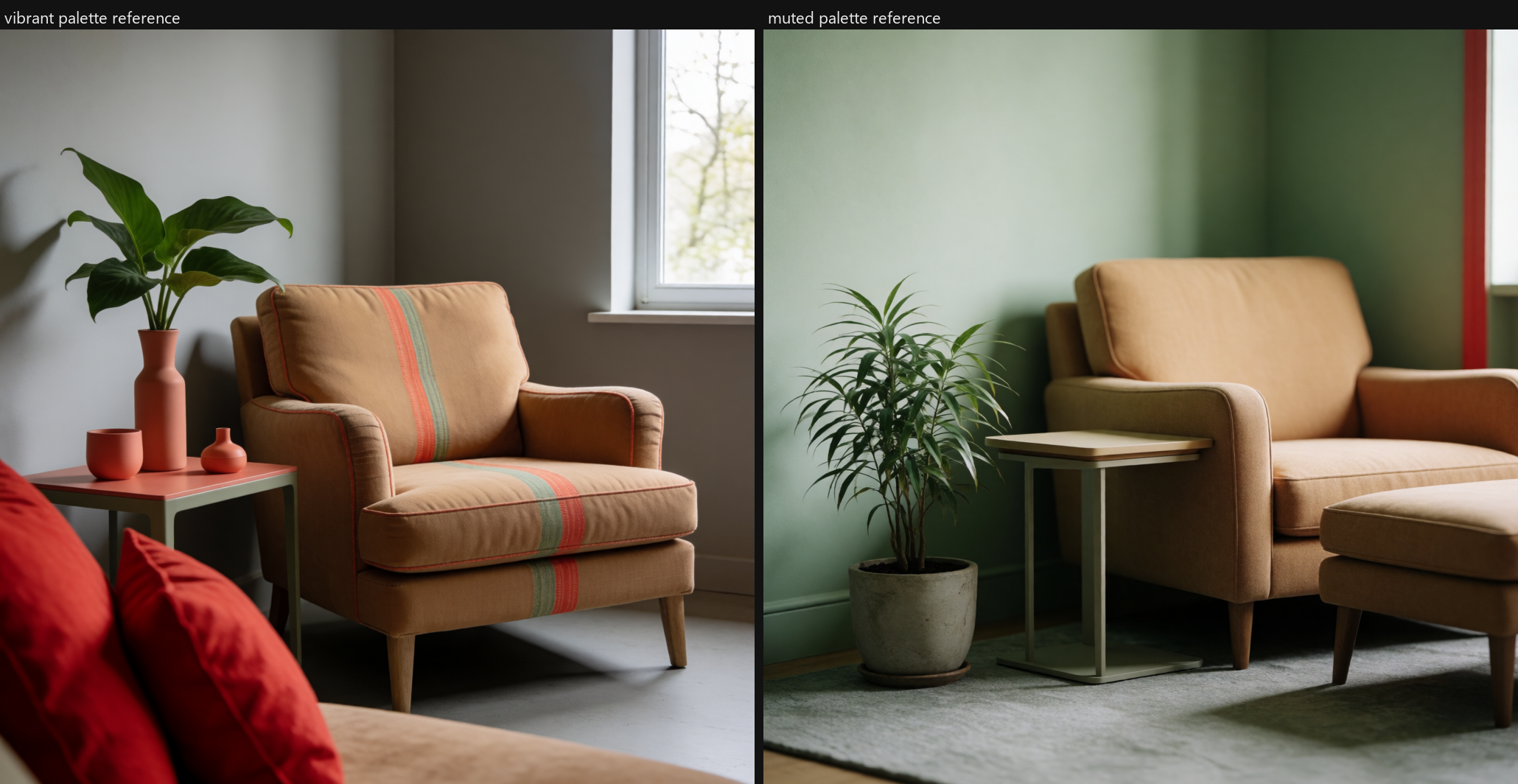 Krea 2 Turbo colorway study: same seed and scene prompt, only the color-palette clause changed — vibrant palette (vivid red, coral, sage green) vs. muted palette (sage green, tan, stone gray)