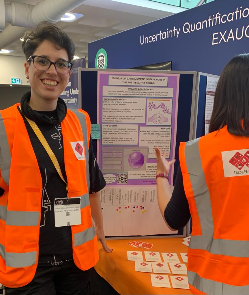 Susana in high viz vest, posing next to the poster with PhD project description