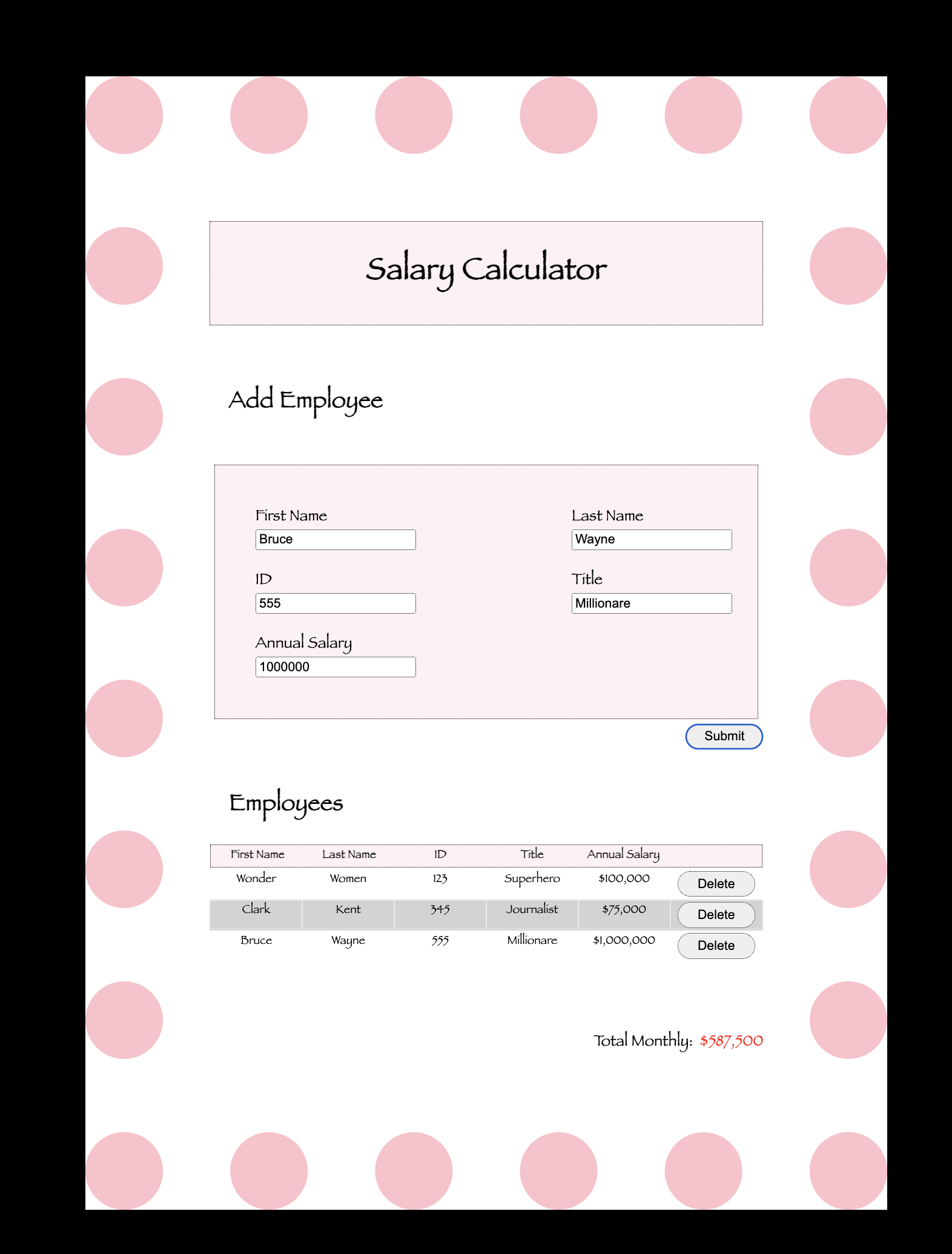 Screenshot of salary calculator