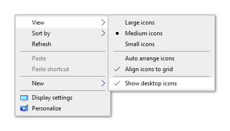Right click context menu on the Windows desktop, showing the View submenu open