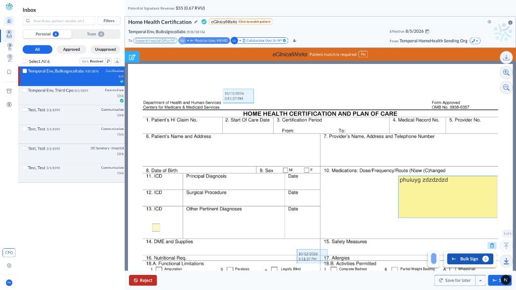 Inbox document with a banner that a patient match is required