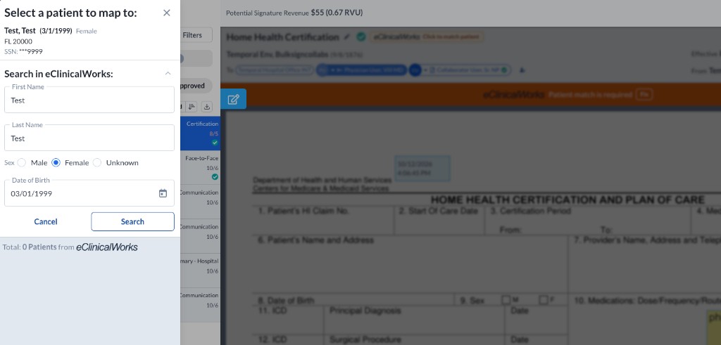 Search window for finding the patient in the EMR