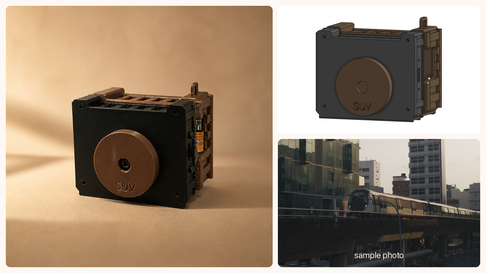 Tiny Film Camera assembled, the v1 CAD design, and a sample photo