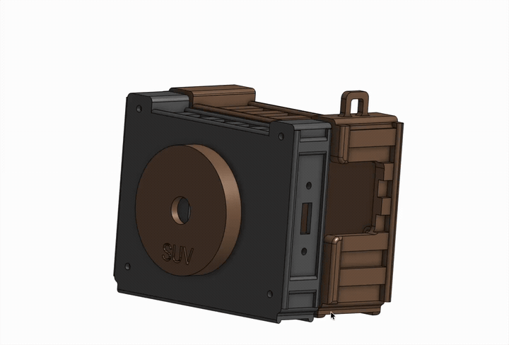 Animated view of the assembled Tiny Film Camera v1 enclosure