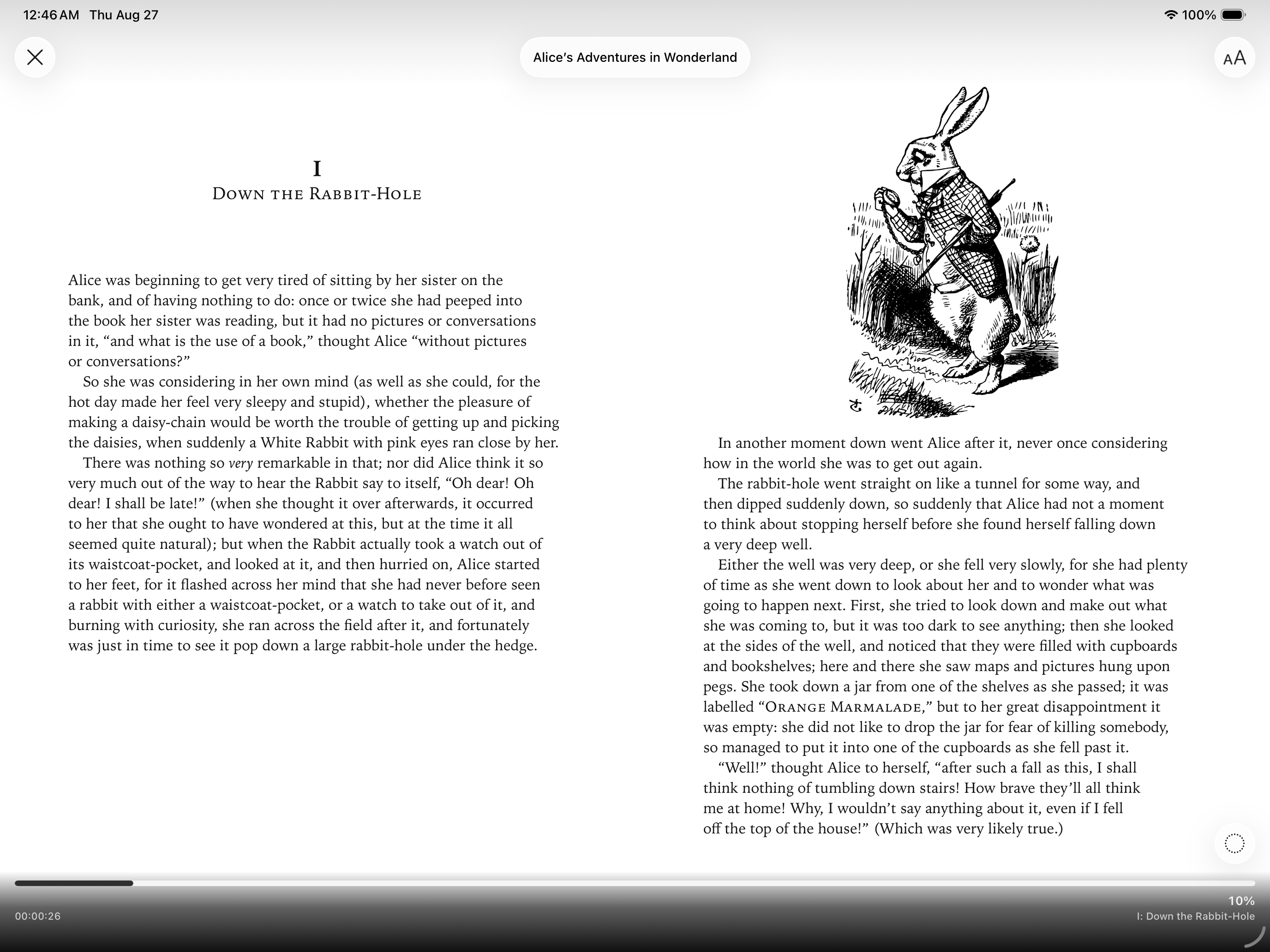 Alice's Adventures in Wonderland with text and illustrations in Suwatte's landscape EPUB reader on iPad