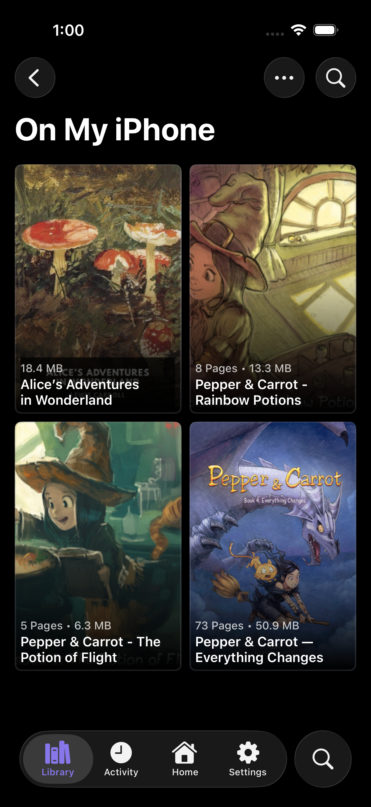 Suwatte local library on iPhone with EPUB, PDF and comic archives
