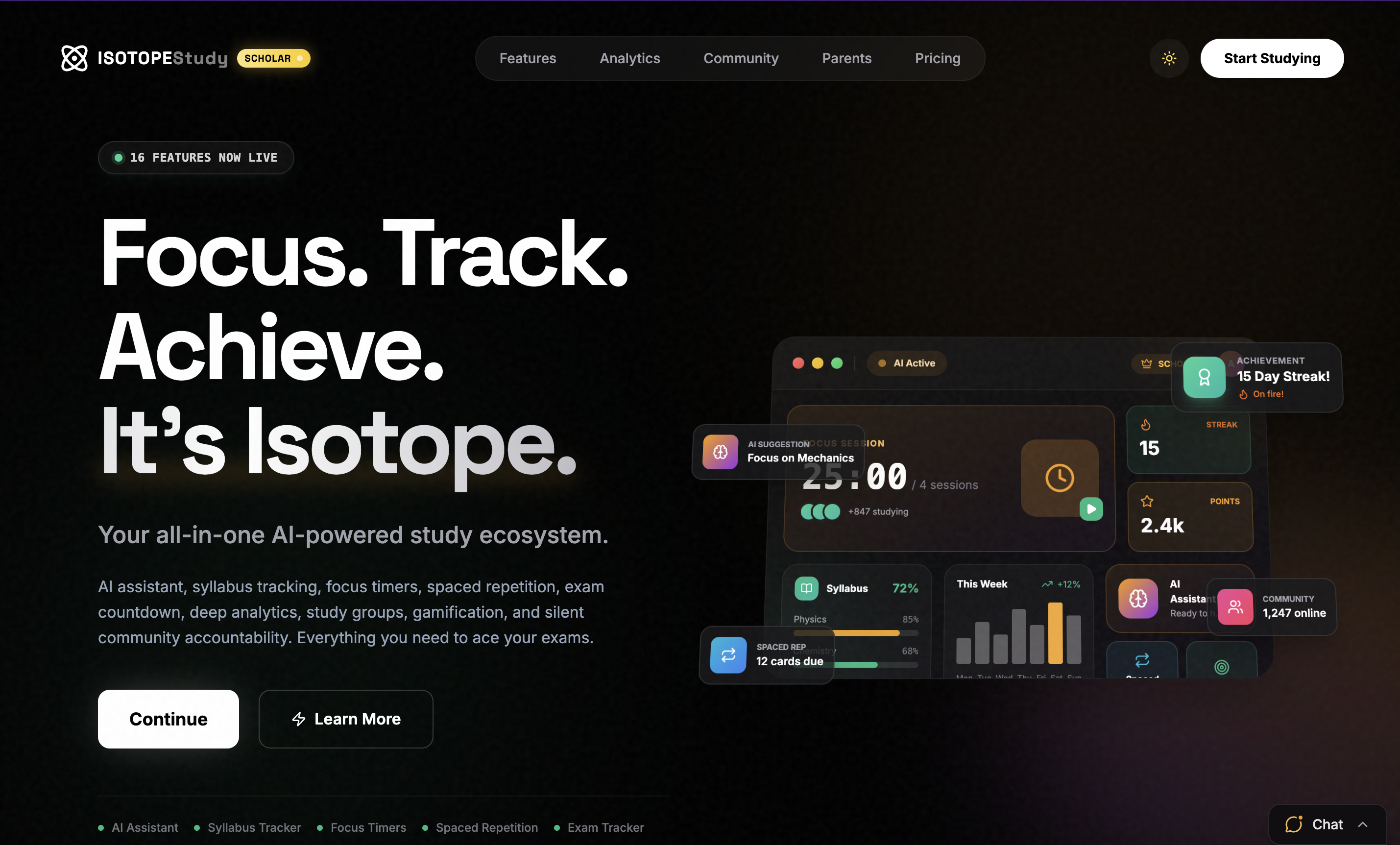 IsotopeAI dashboard — daily stats, focus timer, streaks