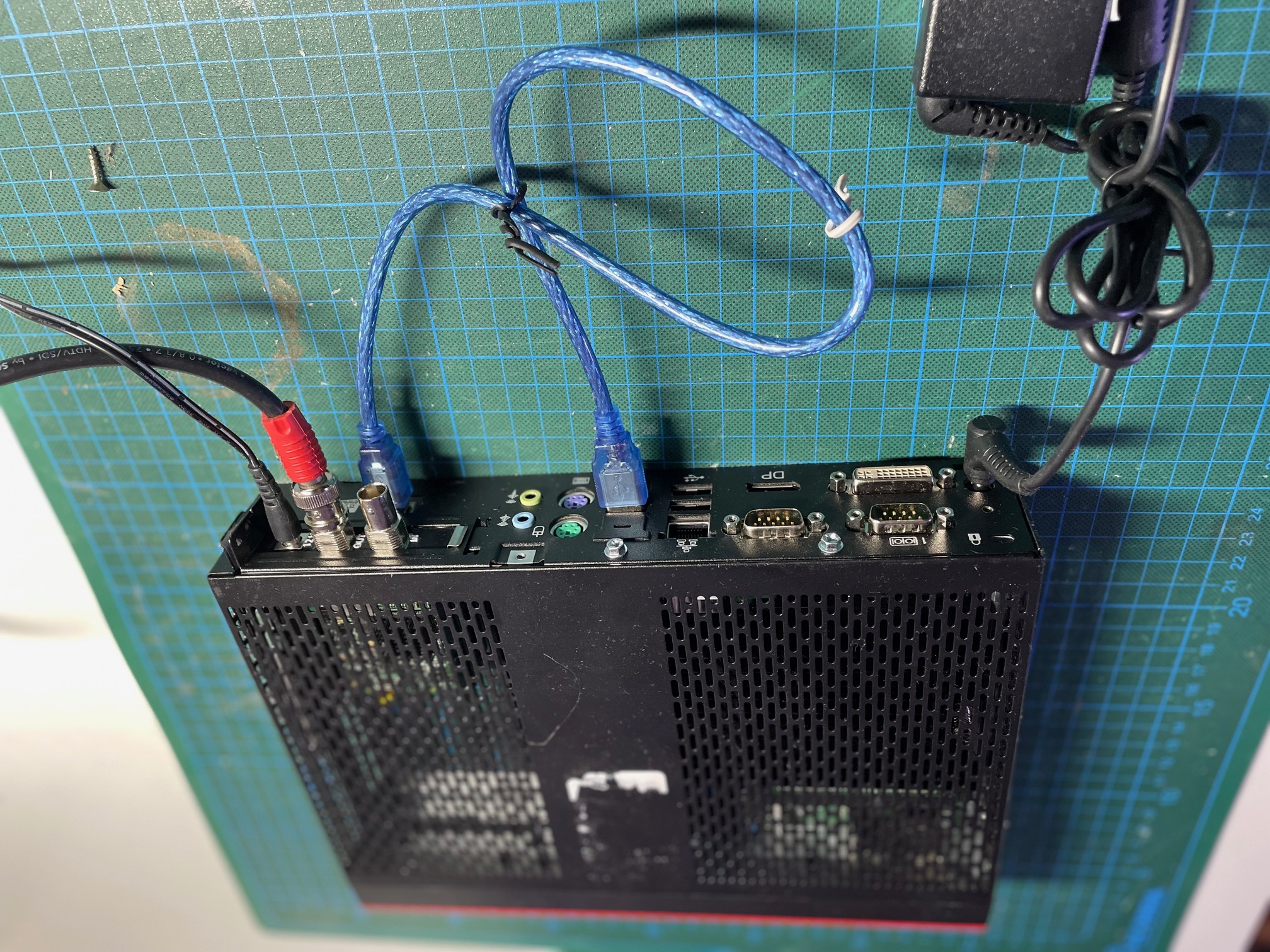 photo of the arduino with the sdk board mounted in the open thin client case