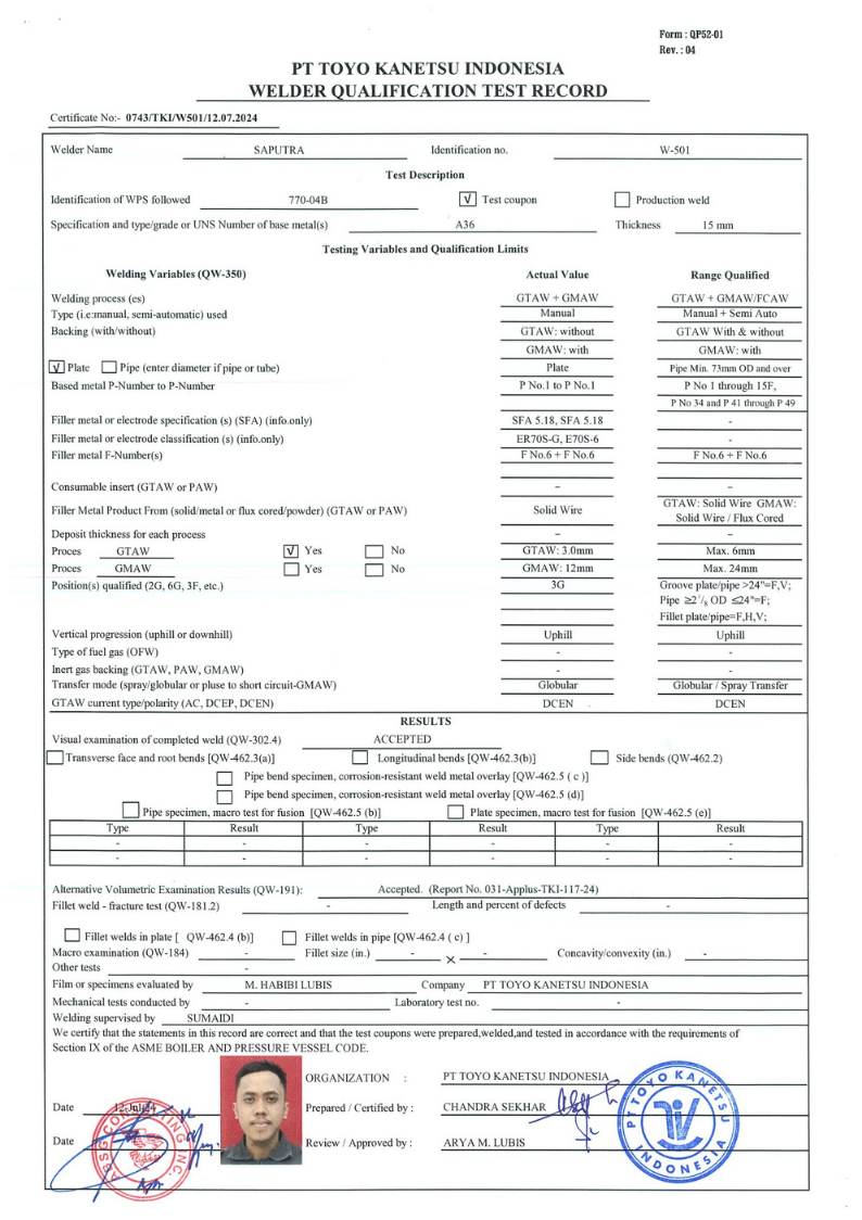 Welder Record GTAW + GMAW 6G ( Toyo Kanetsu Indonesia )