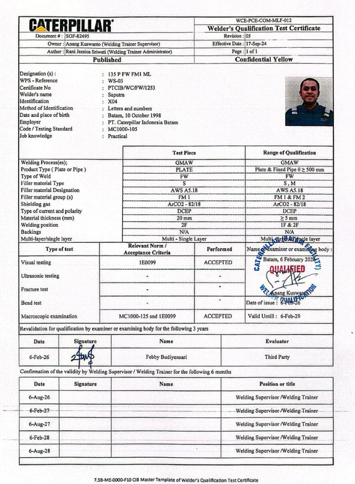 Welder Record GMAW ( CATERPILLAR INDONESIA )