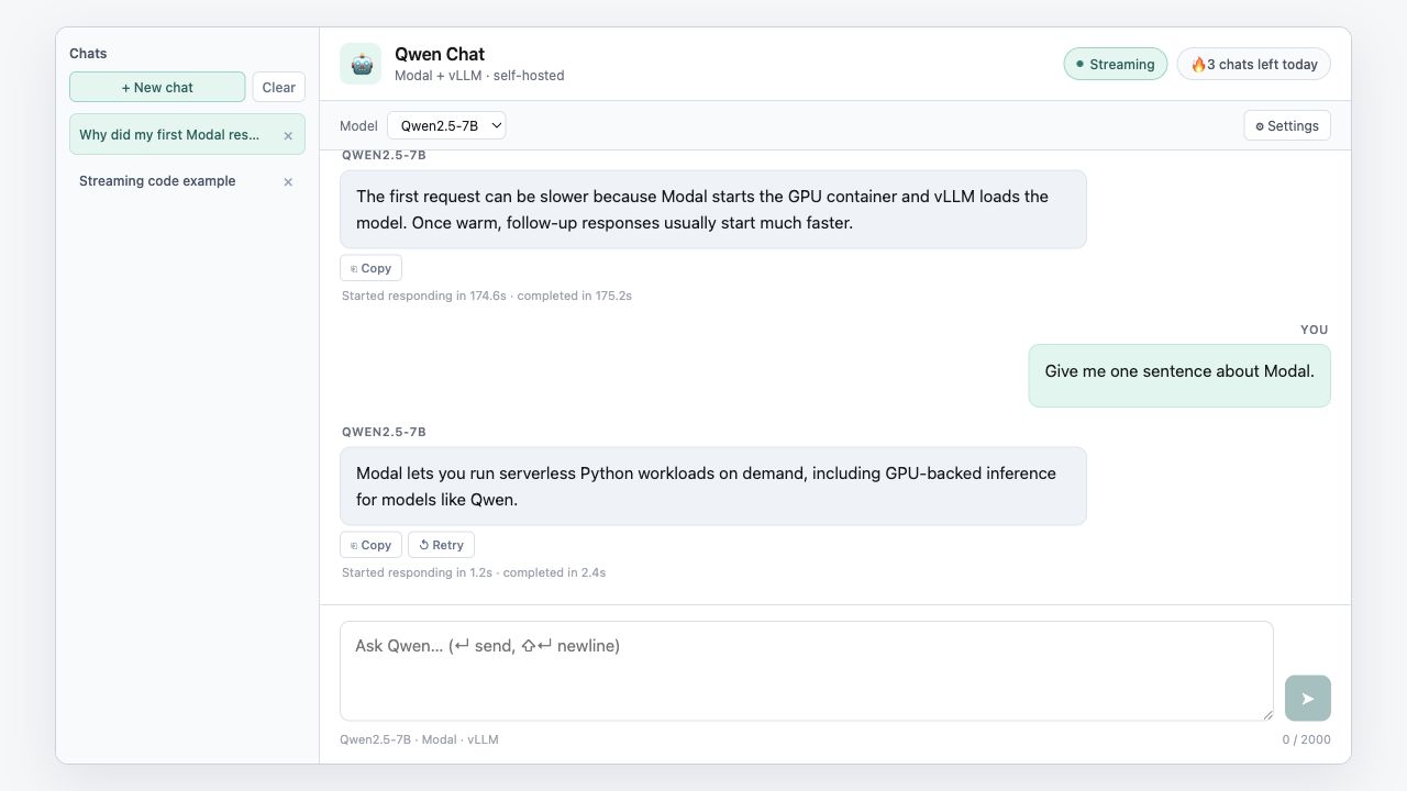 Modal AI Chat — self-hosted Qwen chat interface