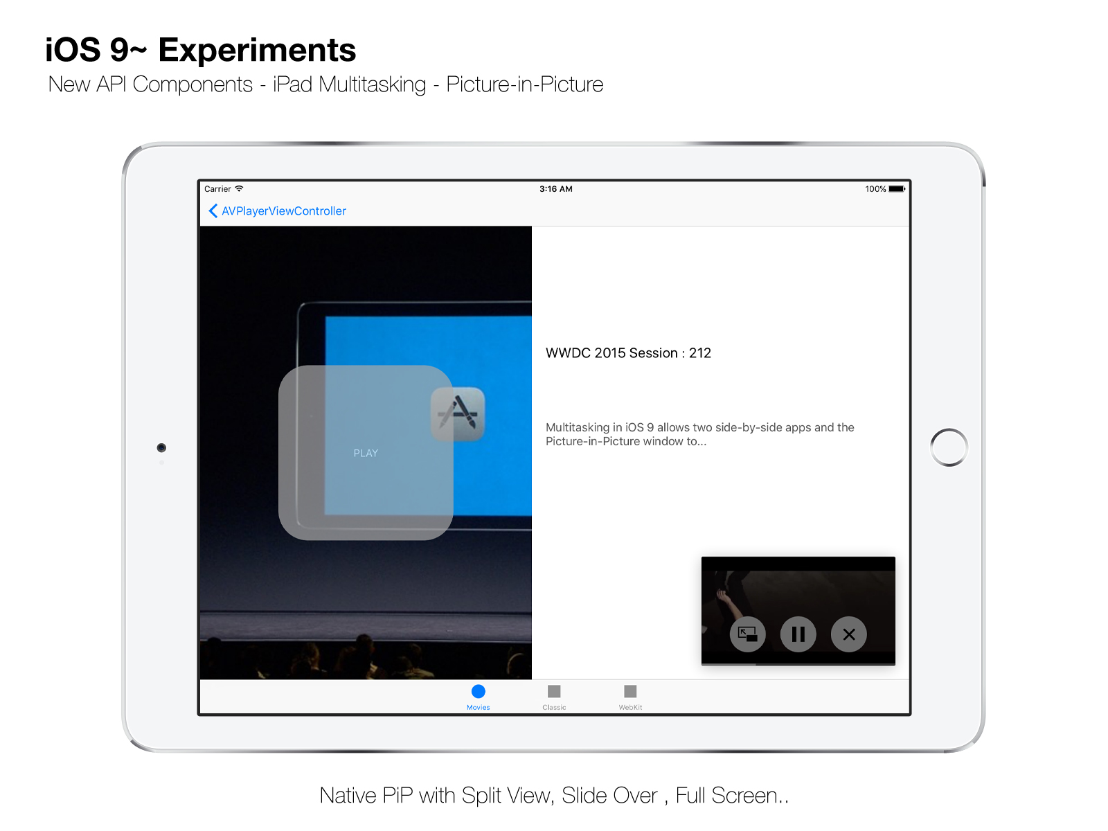 Github Sweefties Ios9 Newapi Ipad Multitasking Pip Example Ios 9 Experiments New Api Components Multitasking On Ipad With Picture In Picture Pip
