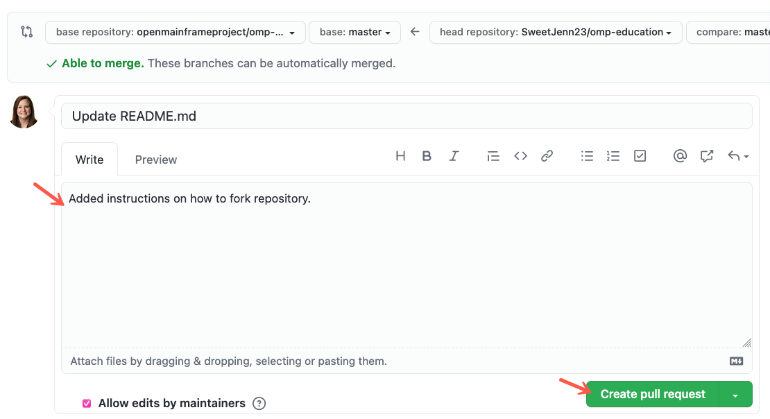 Add comments and select Create pull request.