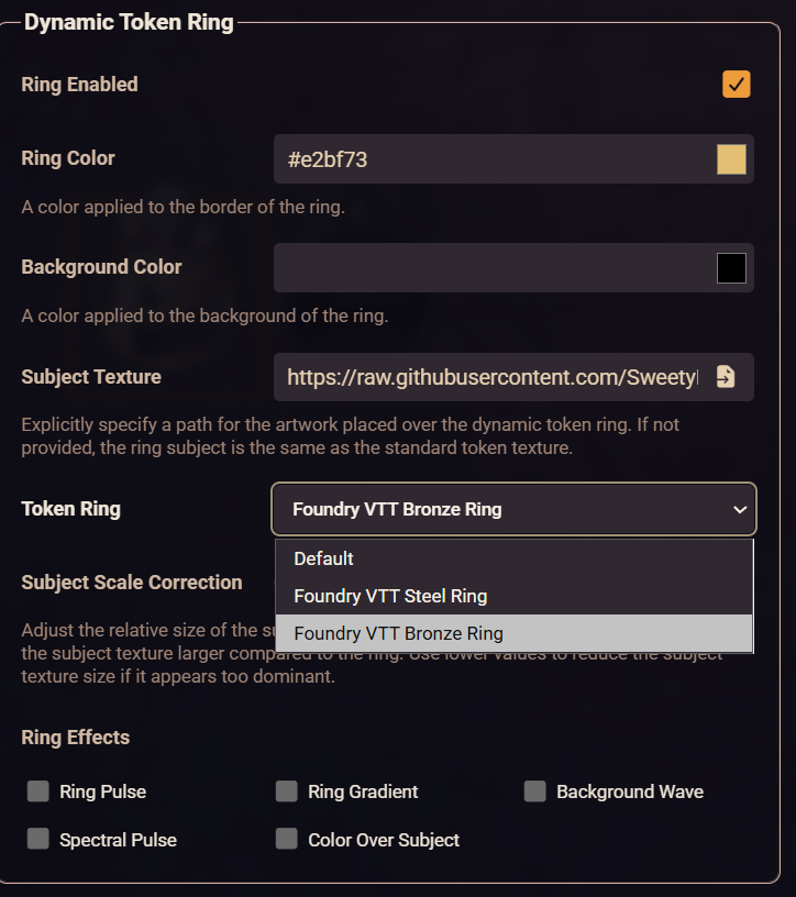 Token Ring selector in token configuration