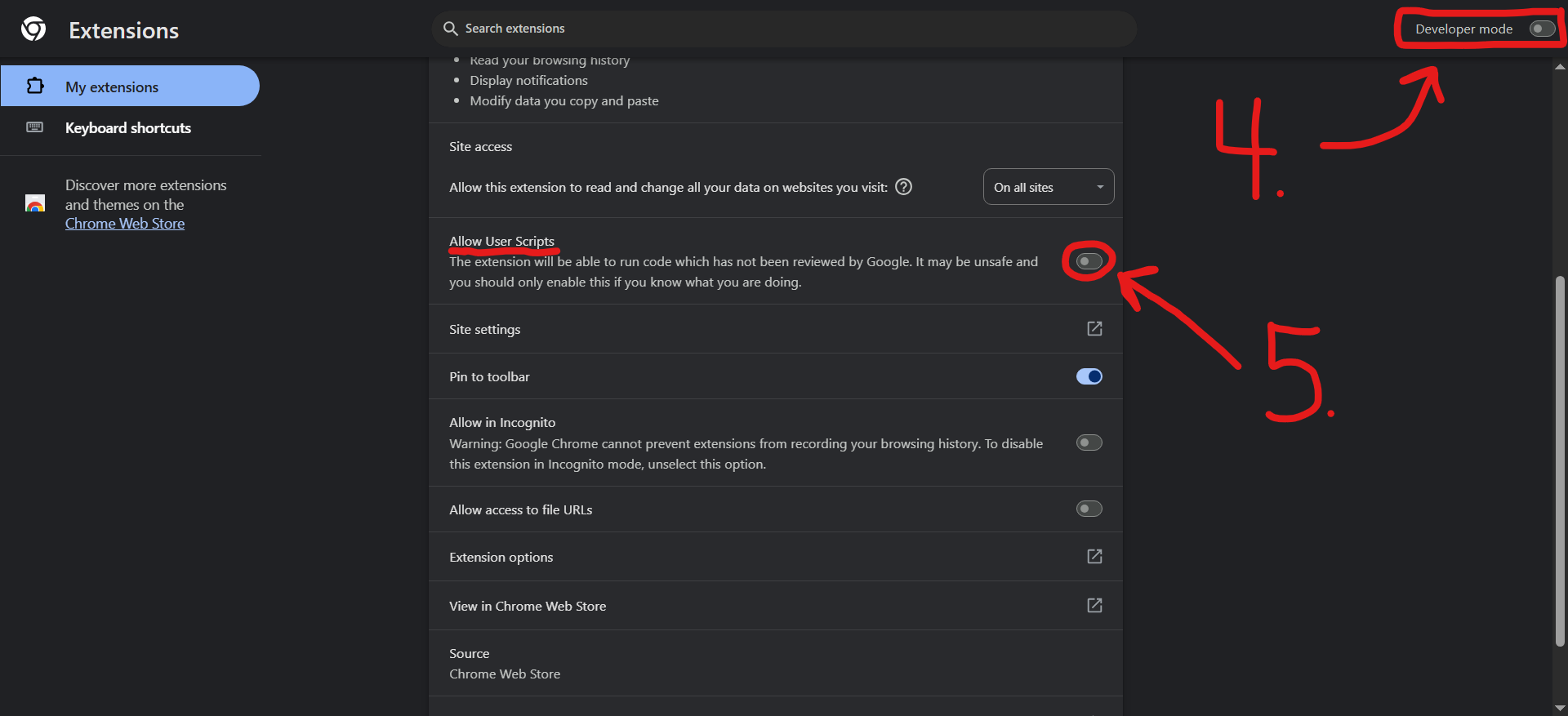 Enable 'Developer Mode' and 'Allow user scripts'
