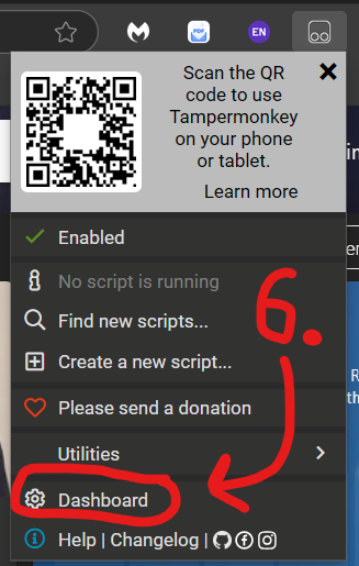 Enter the TamperMonkey 'Dashboard'