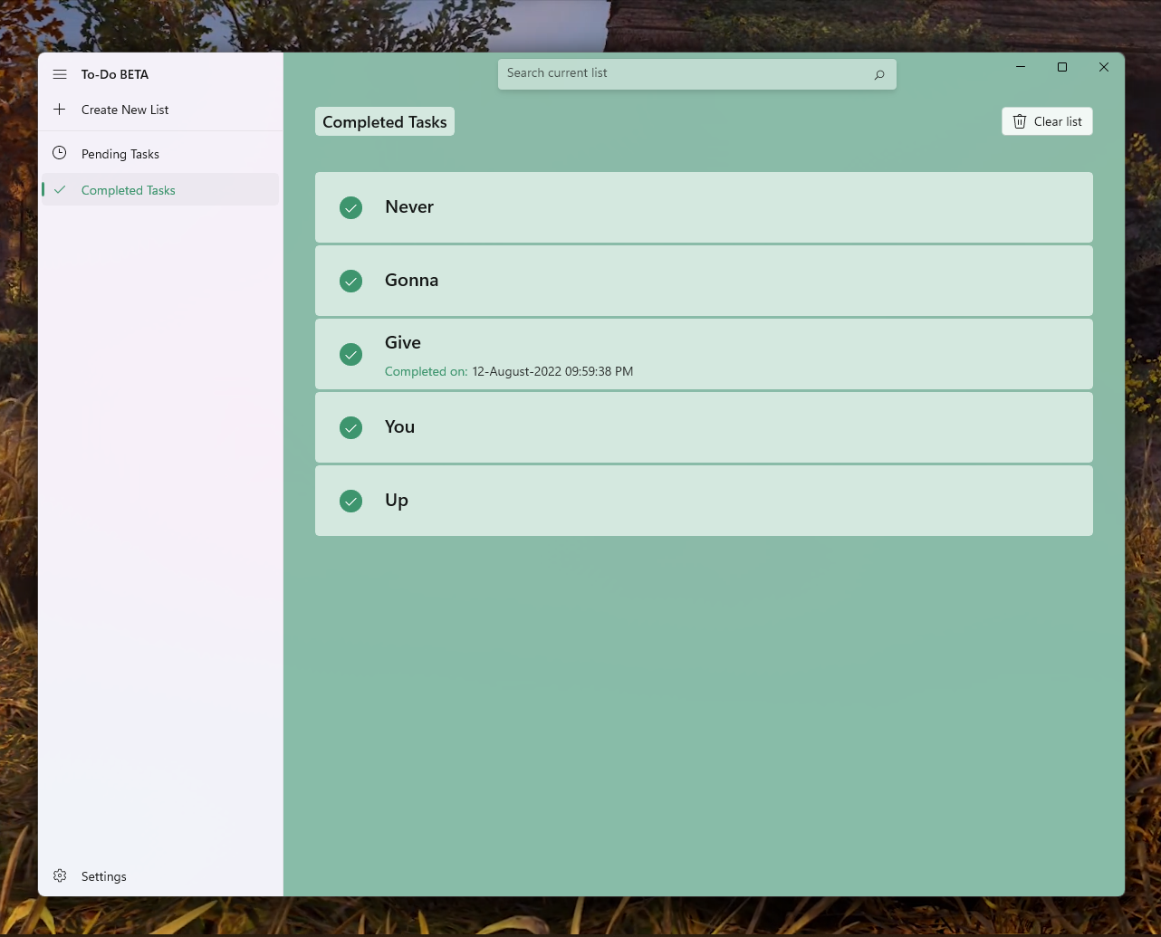 Completed Tasks page of app