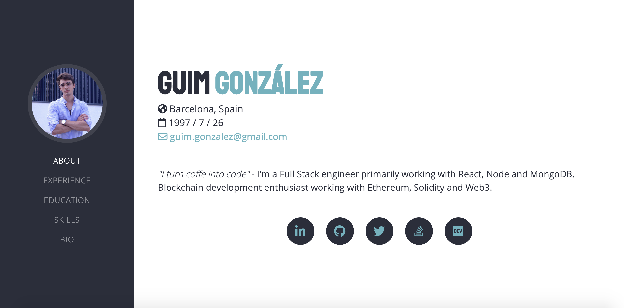 Developer portfolio snapshot - Guim González